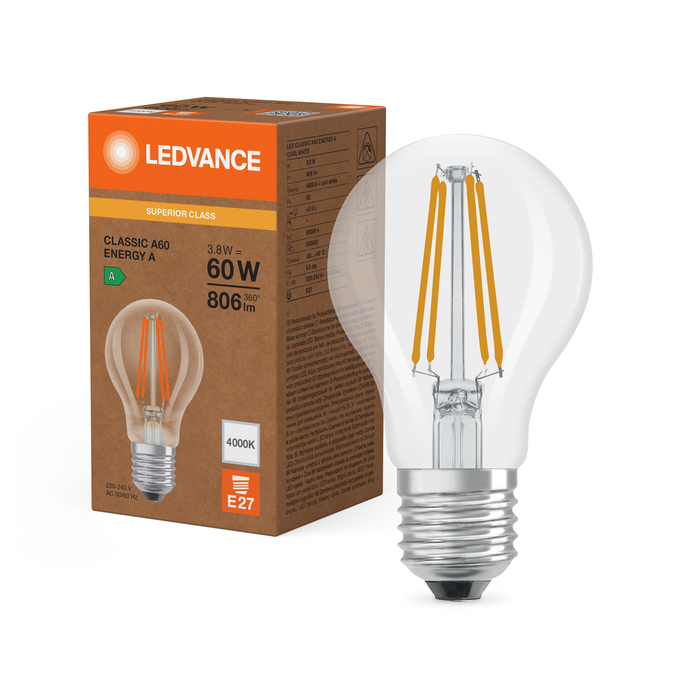 LED spuldze Ledvance Superior CLASSIC A FIL 60 non-dim 3,8W/840 E27, 4000K
