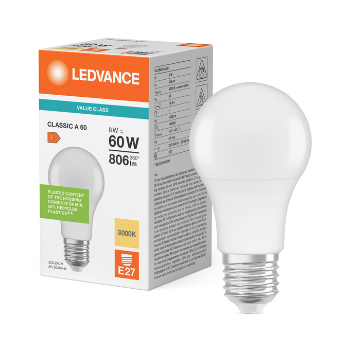 LED spuldze Ledvance Performance CLASSIC A 60 FR non-dim 8W/830 E27, 3000K