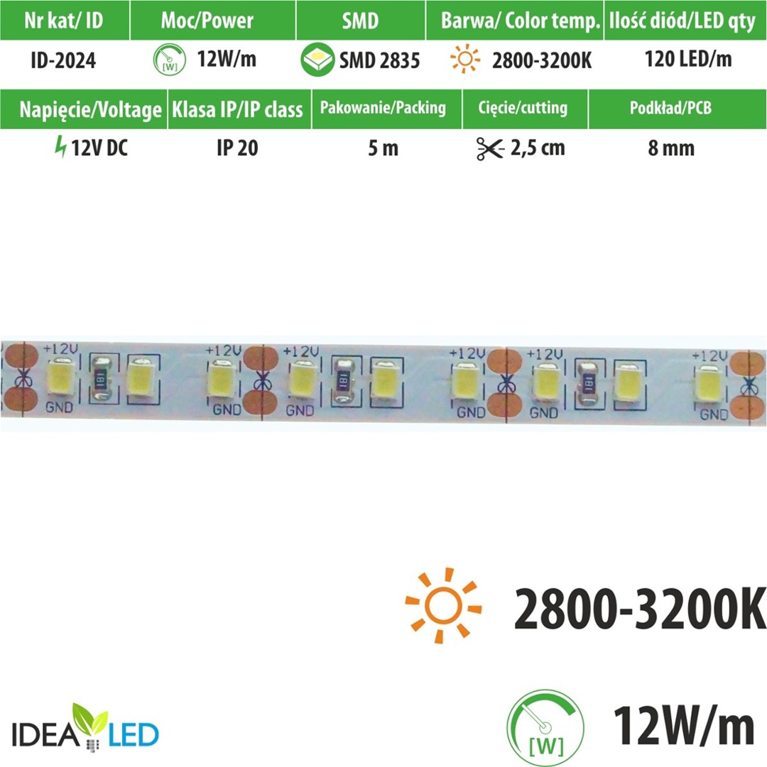 LED strip IdeaLED SMD2835 120 LED/m 12 V 12 W/m 3000K IP20, 8 mm, 5 m